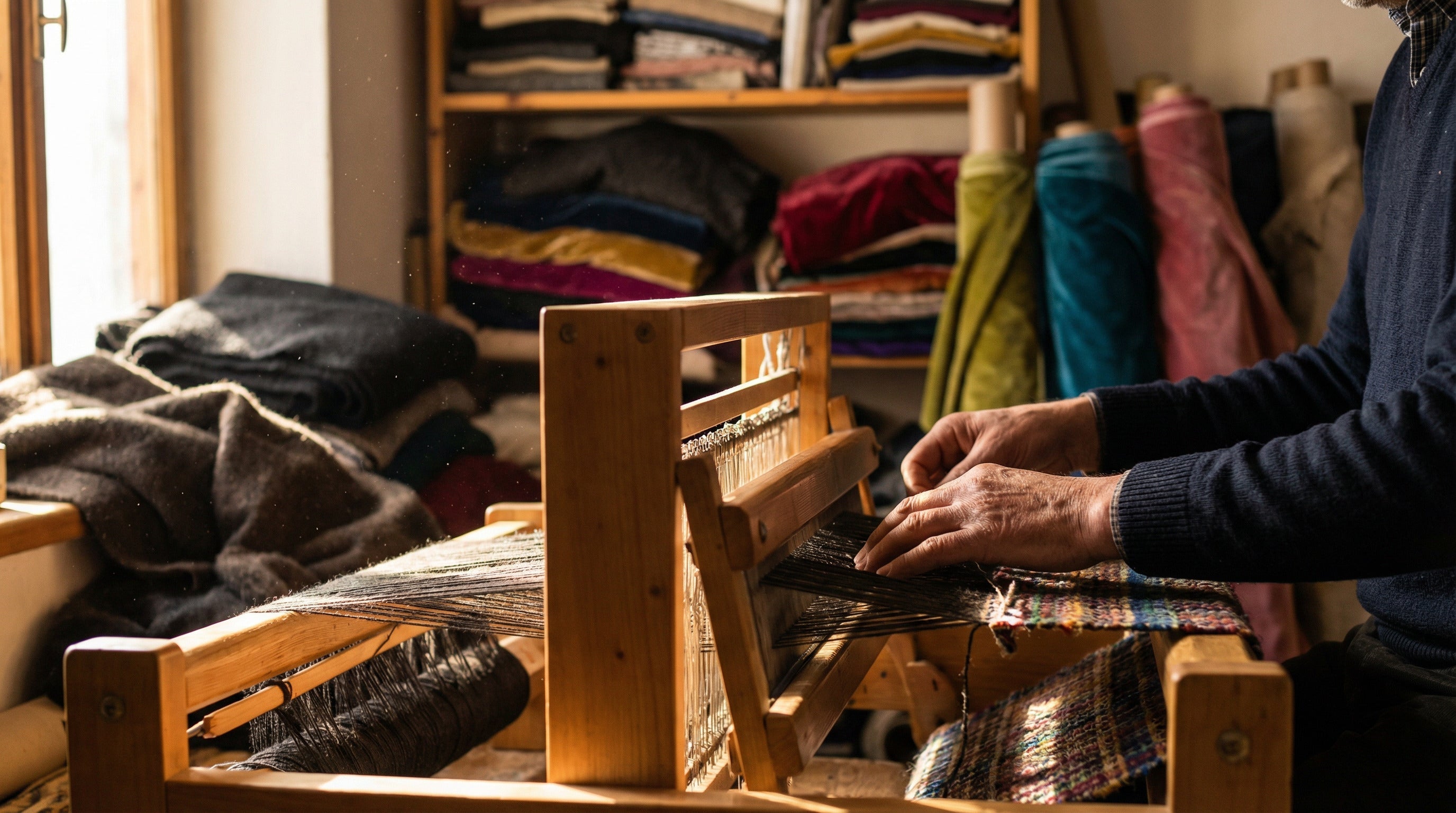 Artisan textile fabriquant du tissu velours sur métier à tisser traditionnel avec tissus colorés en arrière-plan