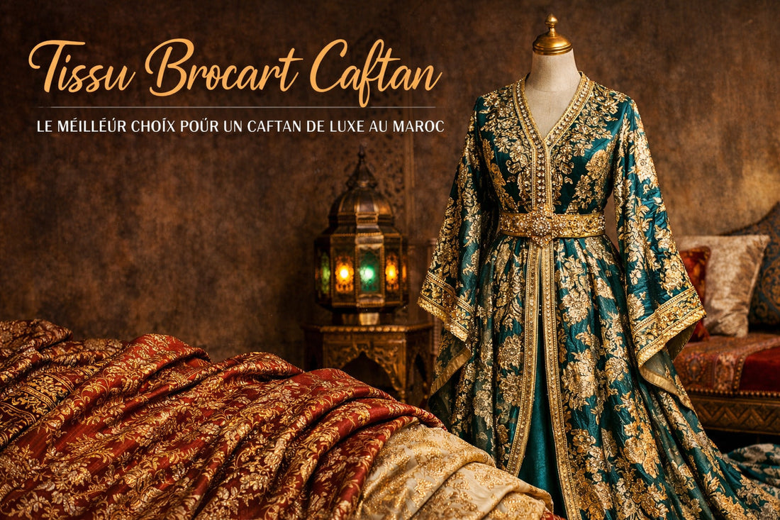 Tissu brocart caftan luxe Maroc avec caftan vert brodé doré élégant, idéal pour création caftan haut de gamme mariage et occasions spéciales