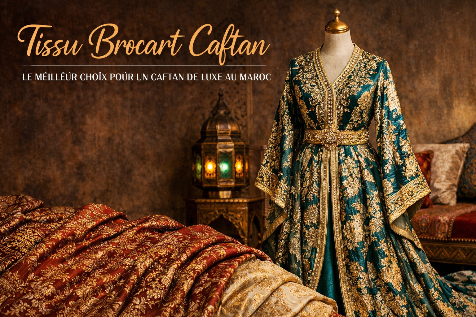 Tissu brocart caftan luxe Maroc avec caftan vert brodé doré élégant, idéal pour création caftan haut de gamme mariage et occasions spéciales