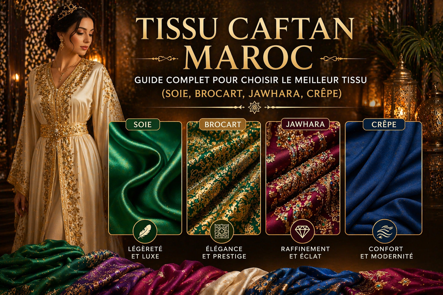 Tissu caftan Maroc guide complet avec tissus soie brocart jawhara crêpe pour choisir le meilleur tissu caftan
