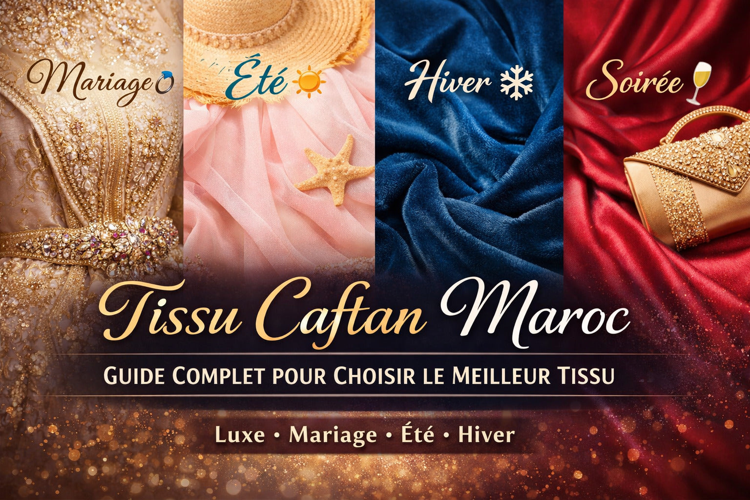 Tissu caftan Maroc luxe pour mariage et saisons été hiver, guide complet avec brocart, satin, velours et jawhara pour créations élégantes
