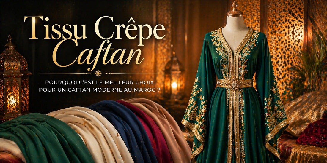 Tissu crêpe caftan Maroc avec caftan vert fluide et broderie dorée élégante, idéal pour créations modernes et couture au Maroc