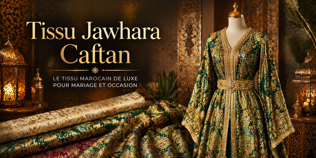 Tissu jawhara caftan Maroc luxe avec caftan vert brodé doré élégant, idéal pour mariage et occasions spéciales