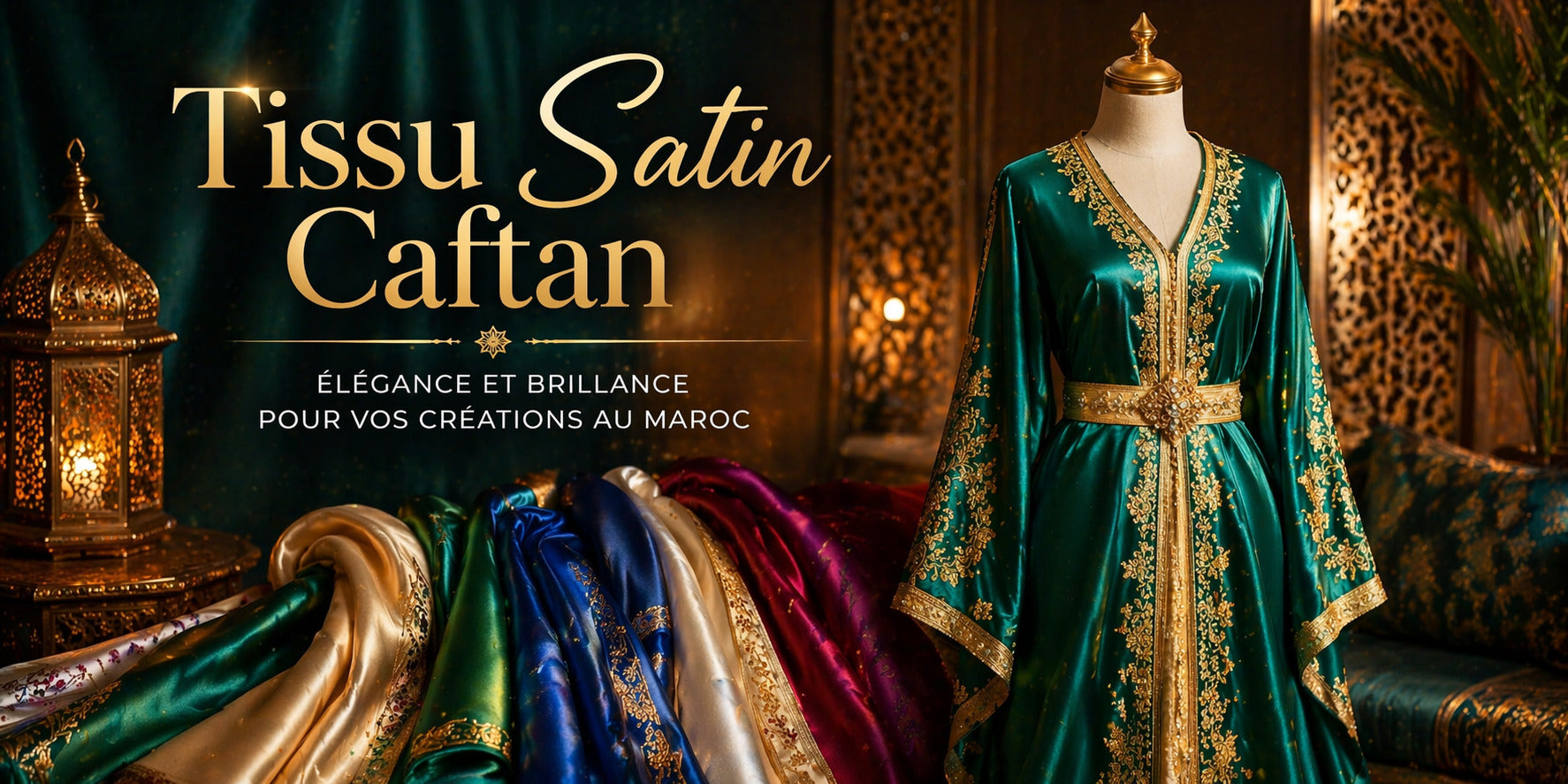 Tissu satin caftan Maroc avec caftan vert brillant et broderie dorée élégante, idéal pour créations luxe et occasions spéciales