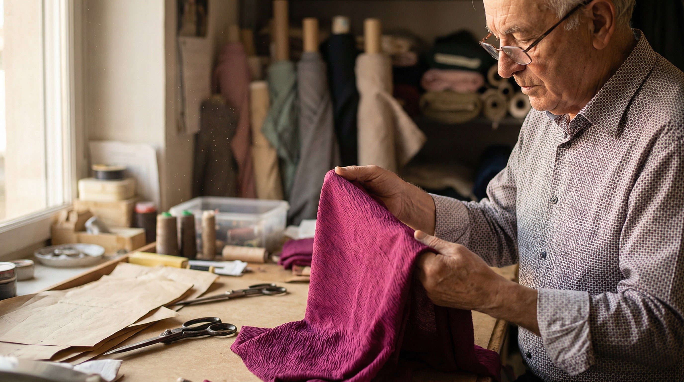 artisan marocain examinant tissu crêpe pour couture caftan dans atelier textile