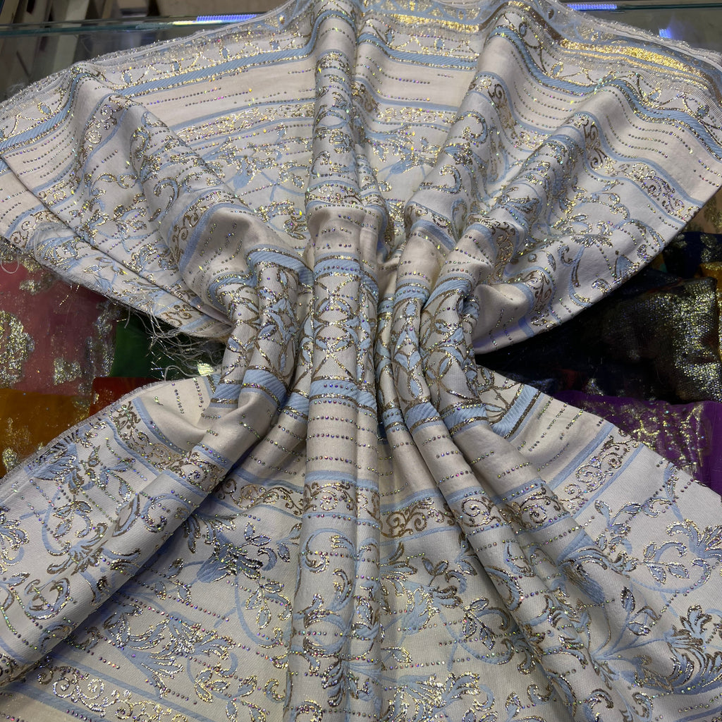 tissu brocart bleu ciel maroc pour caftan et robe élégante